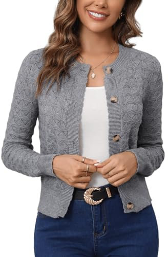 Enjyam Damen Strickjacke Langarm Elegant Kurz Cardigan mit Knöpfe Rundhals Weiche Leichte Jacke zum Top Kleid Grau,XL