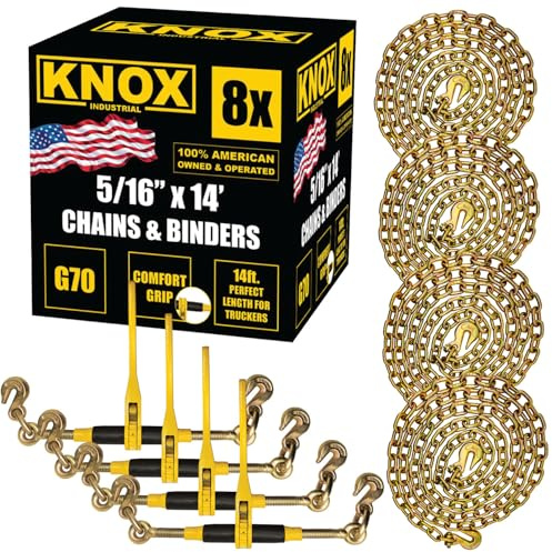Knox Chain Load Binder, 5/16 Equipment Tie Down Kit w/ 5400 LBS Working Load Tiedown and Two Grab Hooks, Includes (4) Ratchet Binders - (4) 14' Grade 70 DOT Hauling Transport Chains