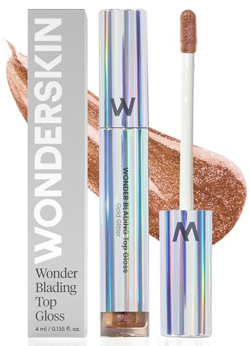 Wonderskin Lip Gloss Blading Top Gloss, Gold Glitter, Hydrating and High Shine Finish Lip Makeup (Gold Glitter)