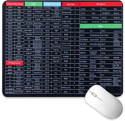 Tyqour Excel Mouse Pad Shortcuts, 26X21x0.3cm Mousepads For Desk, PPT/Word/Excel Shortcut Cheat Sheet Mat, Anti-Slip Base Keyboard Mats With Stitched Edges for Office Home