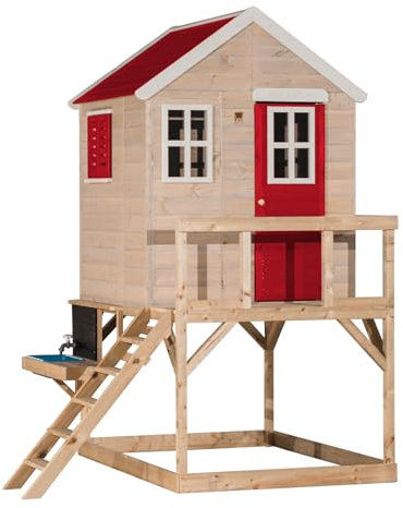 Wendi Toys M21-K Stelzenhaus mit Küche aus Holz, Kinder Spielhaus für Garten, Terrasse, mit Wasserhahn, Herd, Kreidetafel, wetterfest