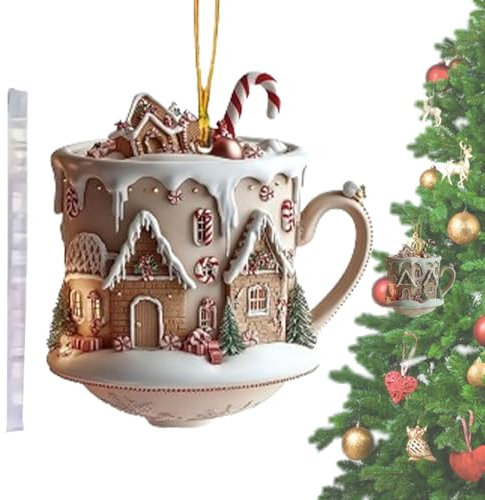 Decoraciones de taza de café para árbol de Navidad - decoraciones de taza de chocolate caliente con casas de nieve, estilo acrílico 2D | deliciosos colgantes con temática de chocolate caliente que