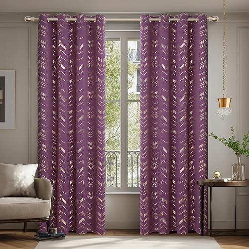 Deconovo Tende per Interni Oscuranti Termiche con Occhielli – Set di 2 Tende Eleganti con Stampa Dorata, Isolanti dal Calore, Viola, 140x245 CM, per Camera da Letto e Soggiorno