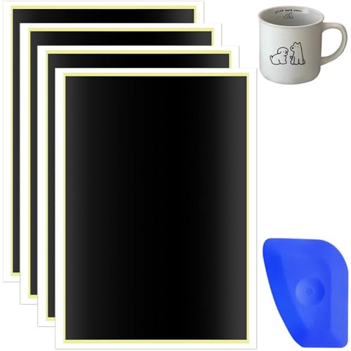 FVZWKHD 4 Pièces Papier de Marquage de Gravure Papier de Marquage Noir avec Grattoir pour Marquage et Gravure à Fibre pour la Céramique