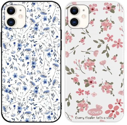Phoona 2 Pack Cute Case for iPhone 11 6.1, Pink Floral Aesthetic Preppy Summer Girly Blue Flower Design Pattern for Girls Women, Slim Soft Silicone Shockproof Bumper Protector Cover