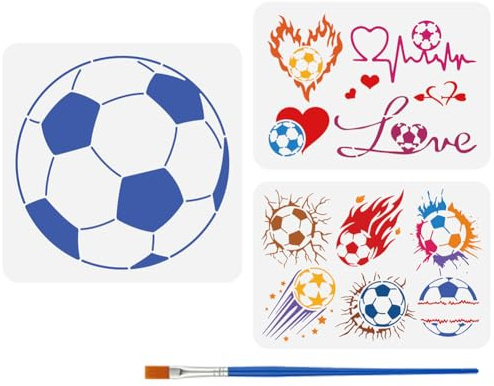 FINGERINSPIRE 3 Stück Fußball Malschablone Mit Pinsel 2 Größen Flammen Fußball Zeichenvorlage Liebes Fußball Riss Fußball Sport Themenschablone Zum Malen Auf Holz Wänden Stoffen Und Möbeln