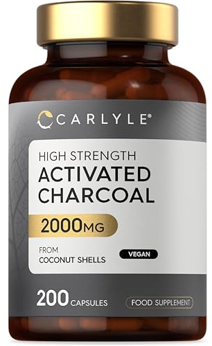Activated Charcoal Capsules 2000mg | High Strength Activated Charcoal Powder from Coconut Shells | 200 Vegan Tablets | by Carlyle