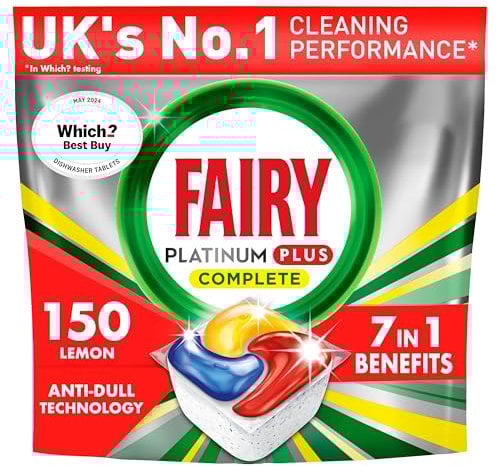 Fairy Platinum Plus All In One Dishwasher Tablets, Lemon, 150 Tablets, Our Best Cleaning For A Clean Like New, Removes Dullness & Prevents Limescale