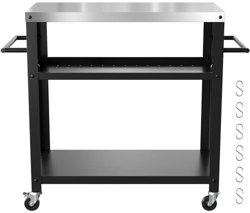 Nessxa Outdoor-Grillwagen mit DREI Ablagen, Pizzaofentisch aus Edelstahl für draußen, Esszimmer-Küchenwagen mit Zwei seitlichen Griffen, Garten, Terrasse, Grillküche