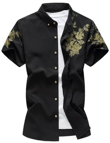 Kurzarm Herren Regular Fit Mode Leinenhemd Temperament Trend Klassisch Knopfleiste Hemd Leichte Komfortabel Atmungsaktiv Casual Shirt A-Black 5XL