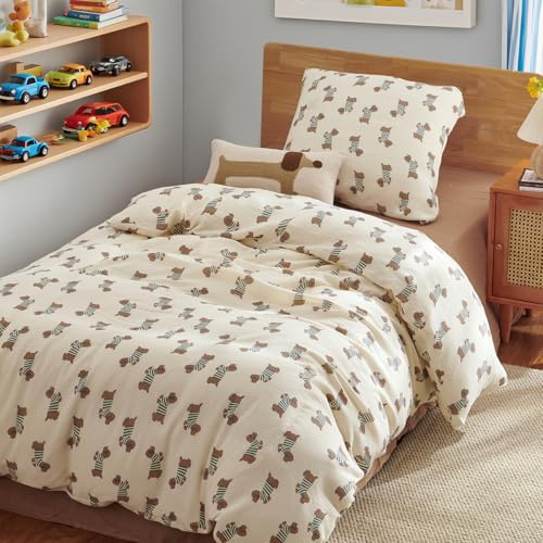 AShanlan Kinderbettwäsche 140x200 Baumwolle Musselin Kinder Bettwäsche Set | Bettbezug 140x200 cm und Kissenbezug 70x90 cm, Oeko-TEX zertifizierte, für Jungen, Braun Dackel Muster, Reißverschluss