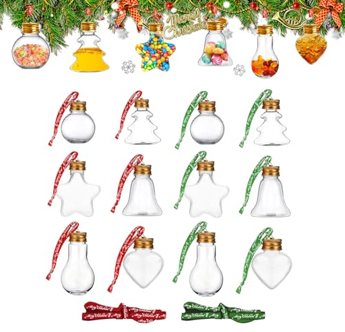 ZJKUBOIS 12 Weihnachtskugeln Plastik Durchsichtig, Christbaumkugeln zum Befüllen mit Rot & Grünem Geschenkband Weihnachten, DIY Weihnachtskugeln Kann Getränke & Süßigkeiten, Weihnachtsbaumschmuck