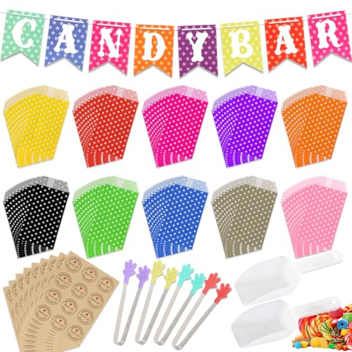 Artlyfe 116 Stück Candy Bar Zubehör für Hochzeit, Party Geburtstag | Enthält 100 Candy Bar Tüten und 9 Sticker, 4 Stück Zuckerzange und 2 Stück Candybar Schaufel und 1 Deko Girlande