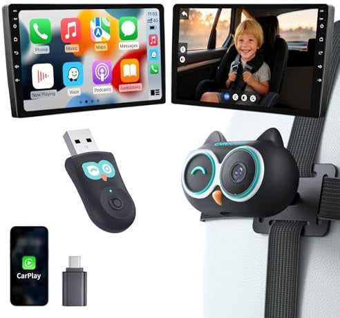 OTTOCAST Cabin Care 2026, 2-in-1 Adattatore CarPlay Wireless & Telecamera Bebè Auto 1080P, Visione Notturna IR, Grandangolo 150°, Monitor Sedile Posteriore, Compatibile con Auto CarPlay Cablate 2016+