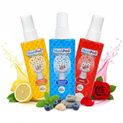 HushPoo 3 Pack Toilet Bowl Spray 60ml Citrus Fresh, Coastal Breeze & Rose Scent, Poop Air Freshener Refresher for Public Bathroom, Home, Travel-Friendly Cleaning Solution for Poo Odours