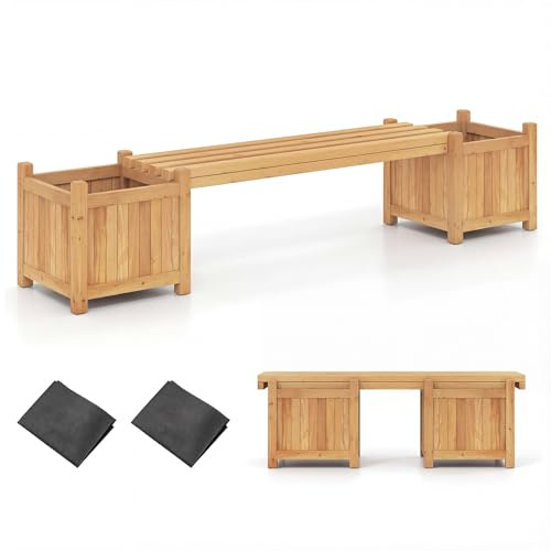 GOPLUS Pflanzkasten mit Gartenbank, 2 seitlichen Blumenkasten mit offenem Sockel, 2 in 1 dekorativer Pflanzenbehälter für Blumentöpfe, 2-Sitzer Sitzbank aus Holz für Terrasse, Hof & Garten (L,Natur)