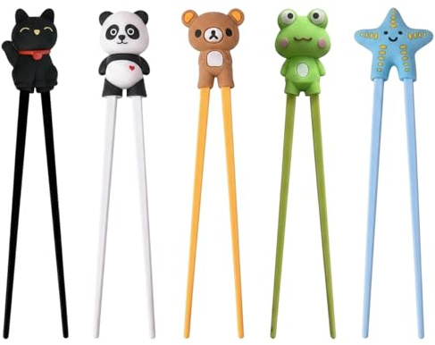 5 Pairs Chopsticks Set with Cat Bear Frog Starfish for Eating Asian Noodles Use by Ages 15 and up Only