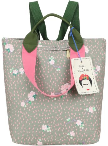 Fritzi x Frida Kahlo Ju Limited Jungle Rucksack Damen Canvas Reißverschluss Innenfach Steckfächer verstellbare Schulterriemen Kurzgriff Alltag Reisen Freizeit 34 x 50 x 18,5 cm, Olivgrün