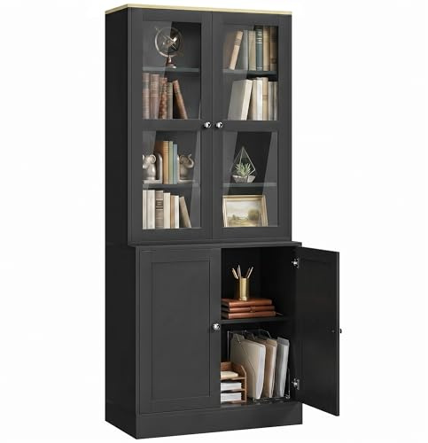 HOMCOM Modern Bookcase with Glass Doors, Book Shelf, Black
