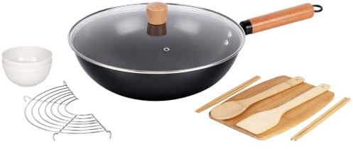 Gr8 Home 10 Piece Carbon Steel Non Stick Wok Gift Set with Glass Lid