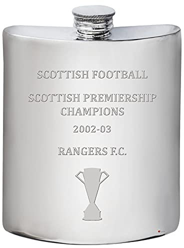 I LUV LTD 6oz Hip Flask for Glasgow Rangers 2002-03 Scottish Premiership Champions Football Memorabilia Mens Birthday Personalised Gifts Pewter Whisky Accessories