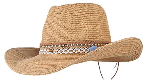 Unbekannt Damen Cowboy Hüte Westernhut Sonnenhut Breiter Krempe Gartenhut Hut Strandhut mit Pompoms Deko, Braun