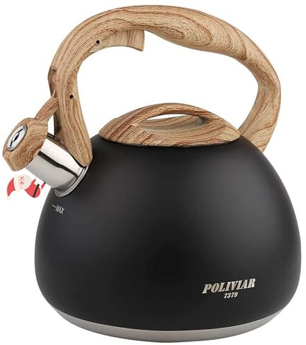 Poliviar Moderne Wasserkessel Induktion Pfeifkessel aus Edelstahl, Teekessel für alle Kochplatten, Flötenkessel mit Holzgriff, Wasserkocher für Tee Kaffee, ca 2.7L, Schwarz (JX2018-WB20-DE)
