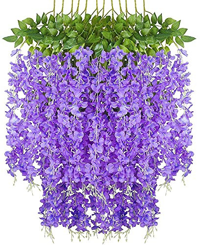 Paquete de 12 flores artificiales de glicina, planta de guirnalda, vid de flores colgantes falsas, para decoración de boda, jardín, fiesta en casa