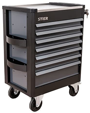 STIER Werkstattwagen Premium mit Edelstahl-ArbeitsfläChe, Traglast 500kg, 7 Schubladen, 100% Auszug, Soft-Close-Funktion