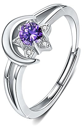 Violetter Zirkon Ring 925 Sterling Silber Mond und Stern Ring Verstellbarer Offener Ringe Zirkon Schmuck für Damen Mutter Tochter