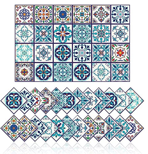 Cendray 24 Stück Fliesenaufkleber Wanddekoration Badezimmer Küche Bad Wandaufkleber wasserdichte PVC Dekorationsaufkleber Selbstklebend Mosaikfliesen - 2D Bunter Vintage Fliesenaufkleber (15x15cm)