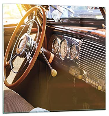 Bilder auf Glas Auto Retro Vintage Glasbild 60x60cm Wandbilder Dekoration Wohnzimmer Schlafzimmer Küche Deko Groß Wanddeko Bild im Glas Wand Kunstdruck Art Modern Wall Decor Glasdruck GAC60x60-4939