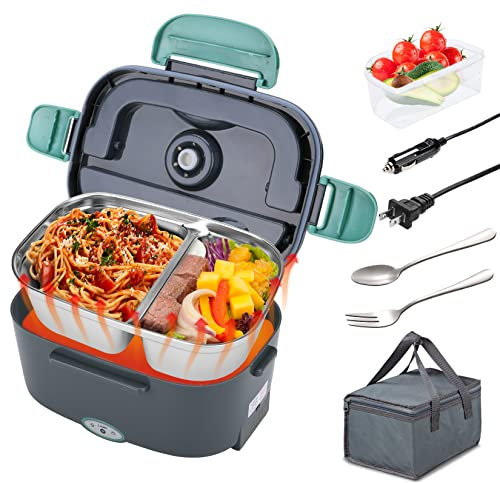 Kabbas Lonchera eléctrica con 2 compartimentos, 70 W, a prueba de fugas, portátil, para adultos, coche, camión, trabajo, 12/24 V y 110 V, lonchera autocalentable con recipiente extraíble de 1.5 L