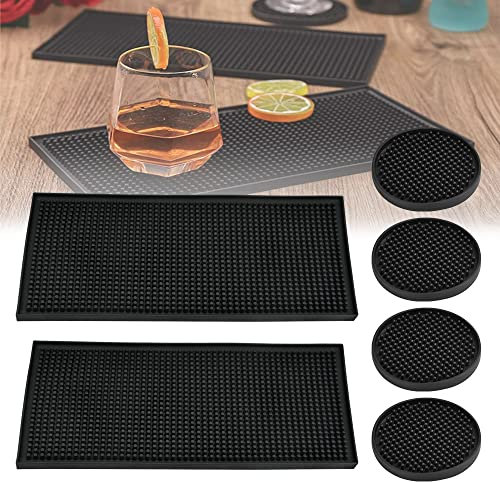 QINERSAW 4er Set Barmatte Silikon 30x15cm, Gummi Bar Mat, Abtropfmatte, Trockenmatte, Überlaufmatte, Trocknungs Pad, Untersetzer Gläser φ10cm für Bar, Club, Küche, Café