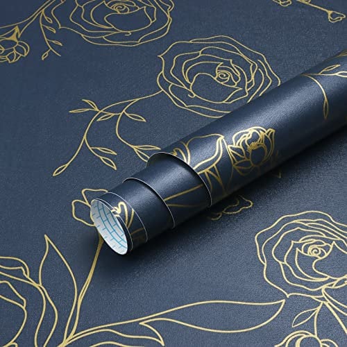 Timeet Self Adhesive Wallpaper Gold Rose Pattern Dark Blue Peel and Stick Wallpaper Vintage Floral 44cm X 3m Sticky Back Plastic Roll Removable Waterproof Vinyl Film for Bedroom Wall Furniture