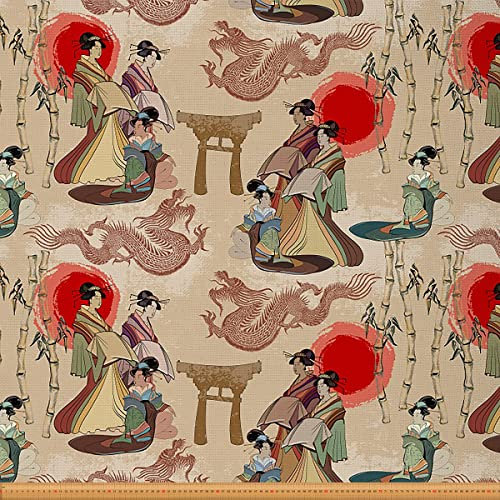 Japanischer Stoff mit Ukiyoe Motiv Meterware traditioneller japanischer Geisha Mädchen Stil Entwurf Polsterstoff für Stühle exotischer Drache Bambus dekorativer wasserdichter Stoff 460x150cm