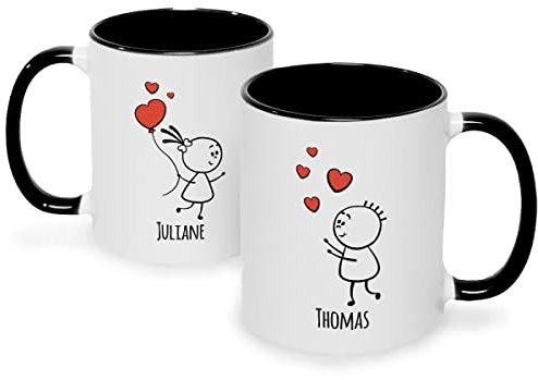 Bedruckte Tassen mit Spruch im Set - Liebesgrüße - 2x Kaffebecher im Set - Personalisiert mit Namen - Schönes Geschenk zur Hochzeit Valentinstag - Geschenke für Sie & Ihn - Farbe Schwarz & Weiß