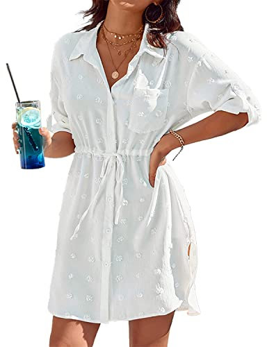 Rayson Robe de Plage Femme Maillot de Bain Cache 3/4 Manches Col en V Blouse Boutonnee Robe de Plage avec Poche Lâche à Manches Longues Nouer Chemisier Pareo,Blanc