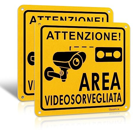 Area Videosorvegliata Alluminio Allarme con Adesivo e Fori Preparatori 15x15cm 2pz GDPR 2022 per Esterno e Interno Metallo H24 Montato a Parete o su Vetro