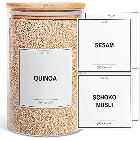 GREEANO Vorratsetiketten selbstklebend [156er XL-Set DE] – mit Stift & Aufkleber zum Beschriften – Beschriftung Vorratsdosen – Etiketten Vorratsgläser – Etiketten für Vorratsdosen - Weiß