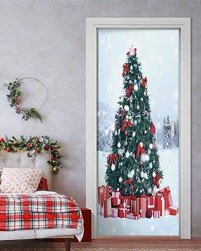FLFK Mural de puerta para despegar y pegar, árbol de Navidad con regalos en paisaje nevado, tamaño combinado de 32 x 80 pulgadas, dividido en 2 piezas