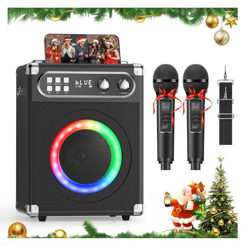 Tisey Karaoke Machine with Multicolour Lighting and 2 UHF Wireless Microphones, Dual 20W High Power Speakers, TF Card/USB Support, Aux Input, Black