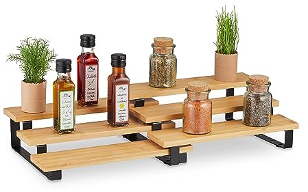 Relaxdays Gewürzregal, ausziehbare Gewürzablage, Bambus, HBT: 11,5 x 32 x 24,5 cm, 3 Ebenen, Gewürzhalter stehend, Natur