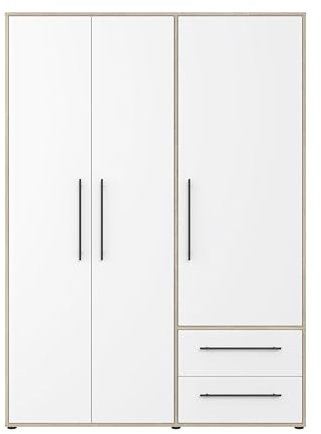 AVANTI TRENDSTORE Fathie - Armadio camera da letto a 3 ante battente e 2 cassetti, all'interno ripiani e un appendiabiti. Colore bianco, bianco/marrone. Dimensioni LAP 145x200x59 cm.