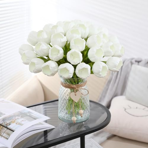 JUSTOYOU 15pcs künstliche Seide weiße Tulpenblumen mit Stängeln, Real Touch Latex gefälschte Tulpen Blumen in Box, Tulpe künstliche Blume für Hochzeit Home Garten Dekoration (weiß-15)