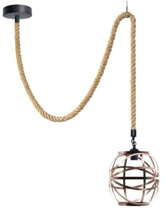 LEDSone Plafonnier industriel vintage à une tête avec corde de chanvre et suspension araignée, culot E27, câble réglable avec grille de protection pour ampoule (Avec ampoule)