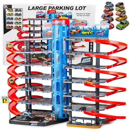 CELMAN Parkhaus mit 6 Etagen, mit Verfolgungsjagd, Platz für Fahrzeuge im Maßstab 1:64, Parkgarage für Kinder ab 3 4 5 6 7 8 Jahren, inkl. Metall Spielzeugautos, Aufzug