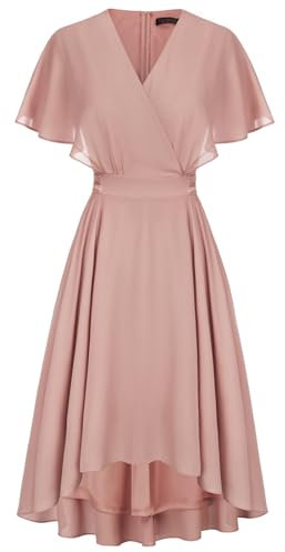Damen Kurzarm Kleid High Waist A-Linie Cocktaikleid Elegant Chiffon Sommerkleid Hellrosa 42
