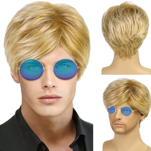 TSHAOUN Männer Blonde Perücke Kurze Herrenperücke Gelockte, Herren Boyband Perücke Kostüm Pony Natürliche Kurze Perücken mit Sonnenbrille, 70er 80er Disco Täglich Halloween Karneval Perücke (Blonde)