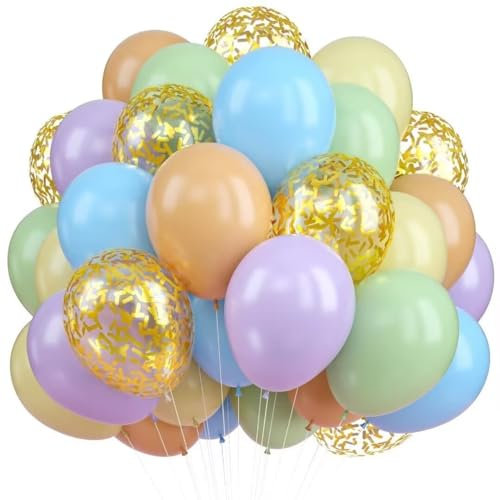 QQ Lot de 60 ballons pastel de 30,5 cm - Bleu, vert, rose, violet, jaune - Avec ballons à confettis dorés - Multicolore - Pour anniversaire, fête prénatale, mariage, fête